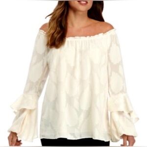 Michael Kors Women's Off-Shoulder Cream Blouse with Ruffled Bell Sleeves